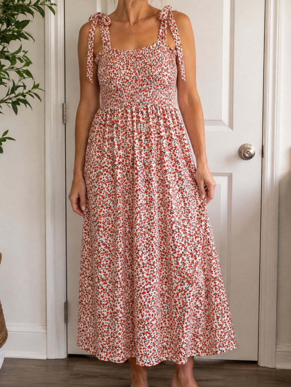 Women’s Medium Red Poppy Floral Smocked Tie Strap Maxi Dress